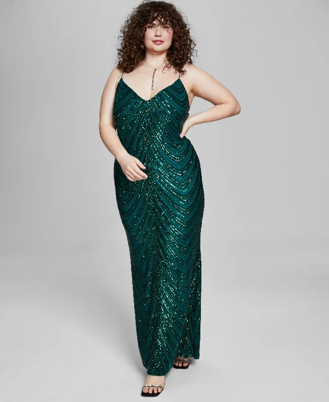 Trendy Plus Size Sequined V-Neck Sleeveless Gown Boho party dresses