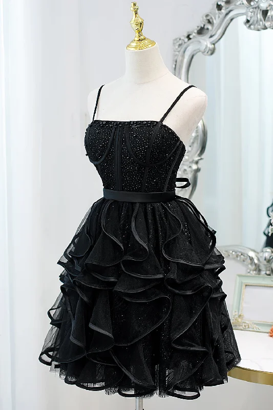 Black Sequins Spaghetti Straps Tulle Short Homecoming Dresses Gold Sequin Dress