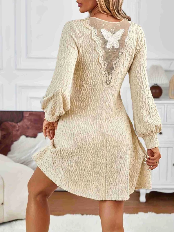 Lace Detail V-Neck Long Sleeve Dress Lace Dress Deep V