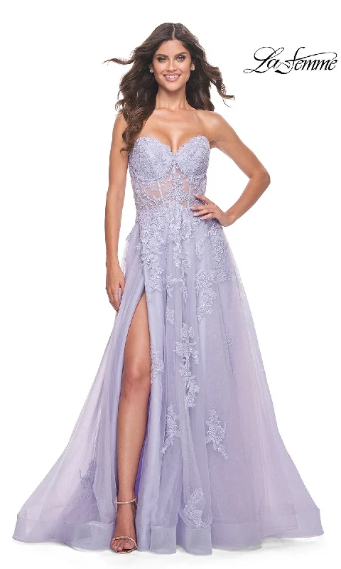 La Femme Strapless Long Lace Prom Dress 32145