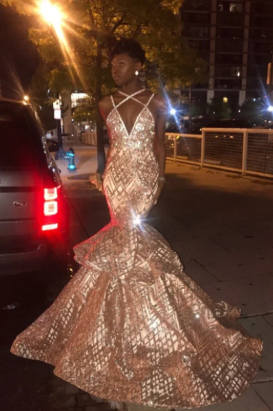 Sexy Gold Spaghetti Straps Mermaid Prom Dress Sequins Long Sequin Dress Night