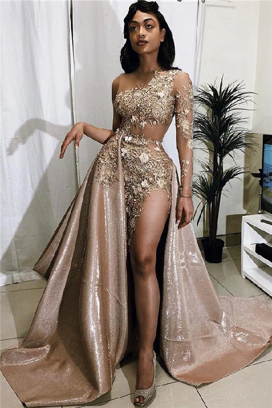 Sexy Gold Two-piece Prom Dress Sequins Long Sleeve On One Side