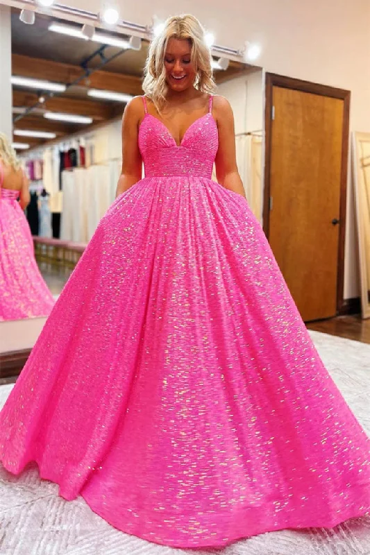 Shiny Hot Pink Sequins V Neck Backless Long Prom Dress GJS444 Sequin Cocktail Gown