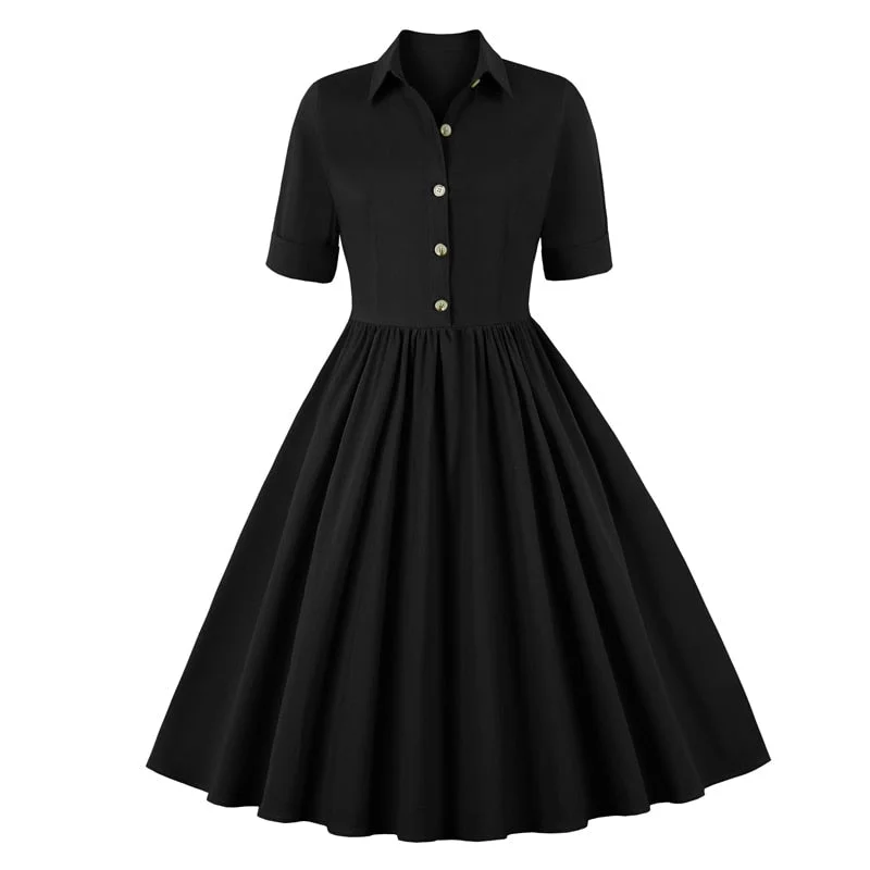 Turn down Collar Button Up Vintage Pleated Shirt Half Sleeve Solid Elegant Office Dress Shirt Dress Outfit